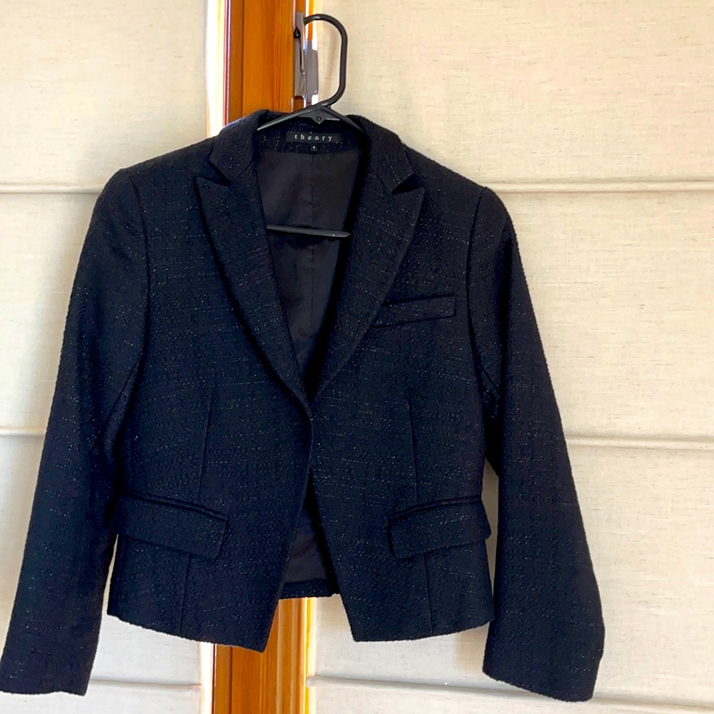 Theory size 4 cropped black blazer with silver threading